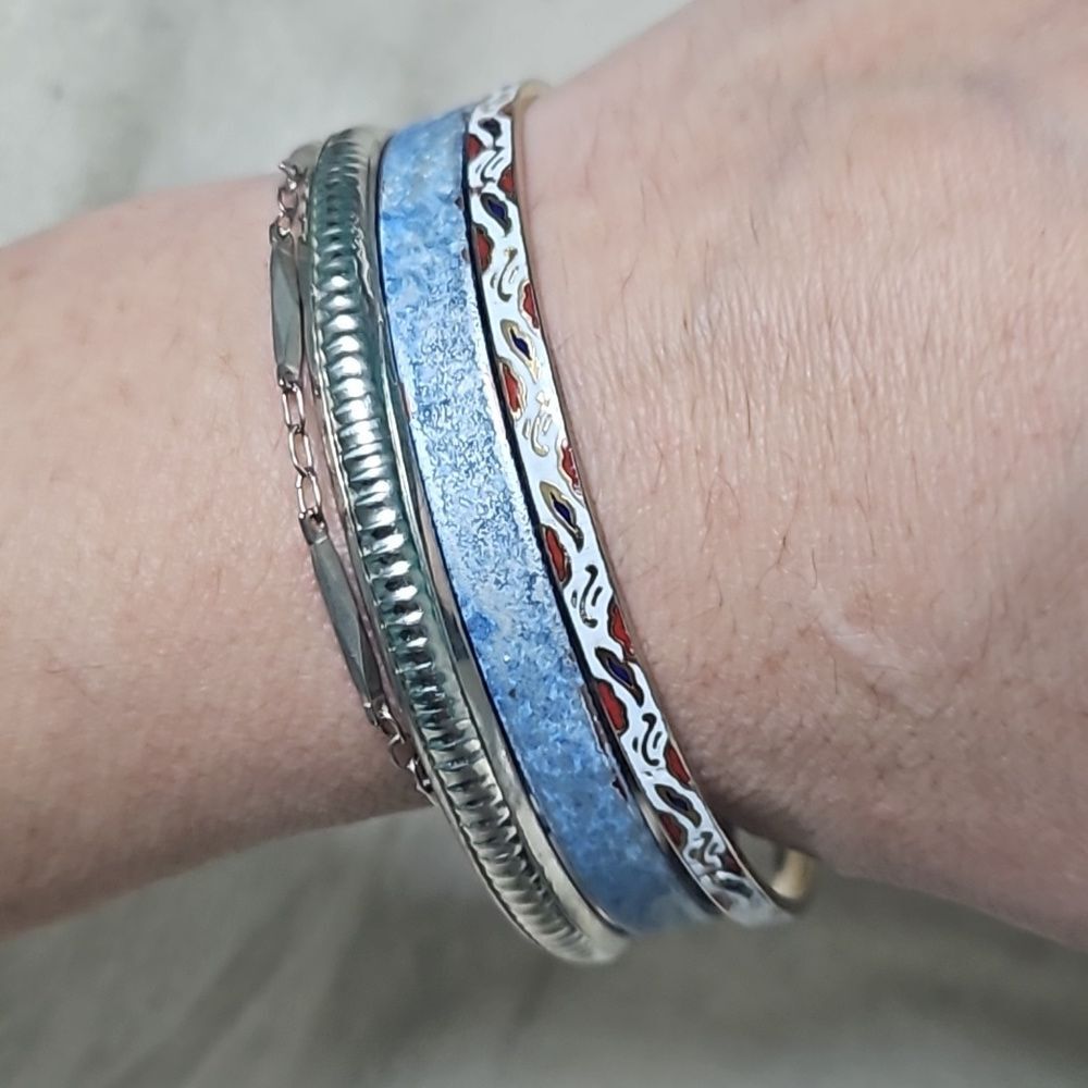 Vintage Mixed Metal Stacking Bangle Set Cloisonne… - image 7
